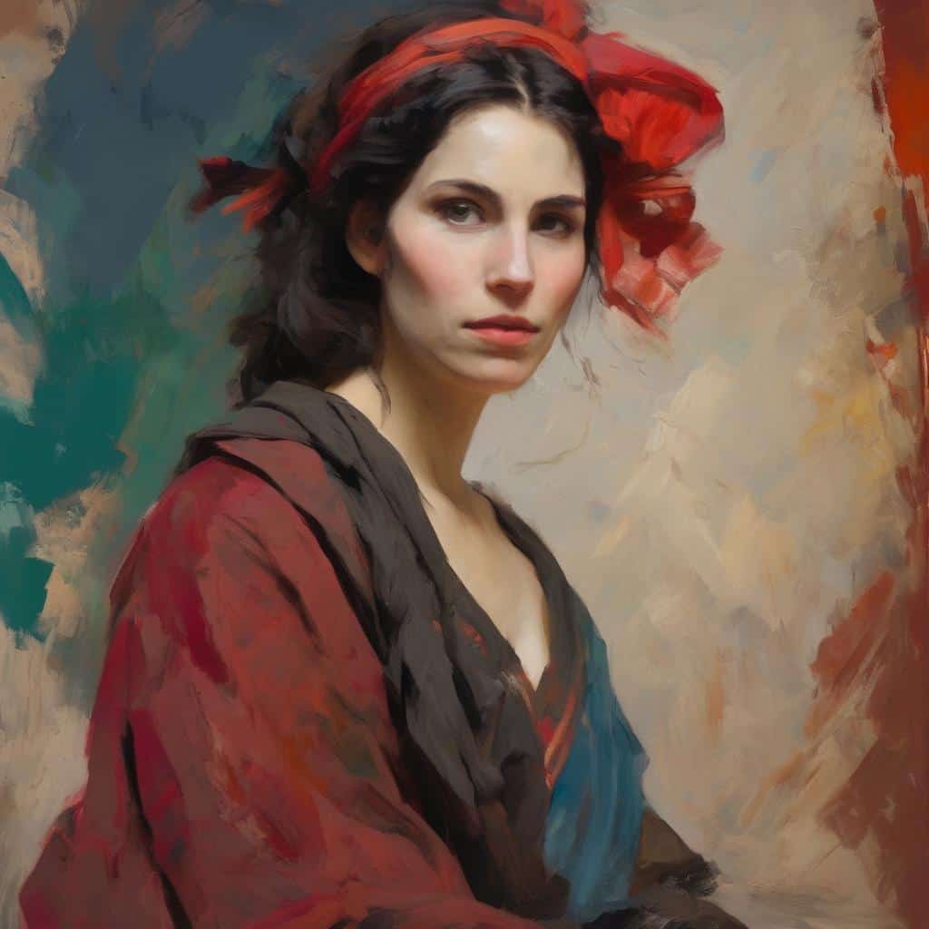 Ομορφη γυναίκα με κόκκινο κορδέλα στα μαλλιά, σε εικαστική εικόνα πορτρέτου, με αντικείμενο έμπνευσης από το τοπίο και την τέχνη.