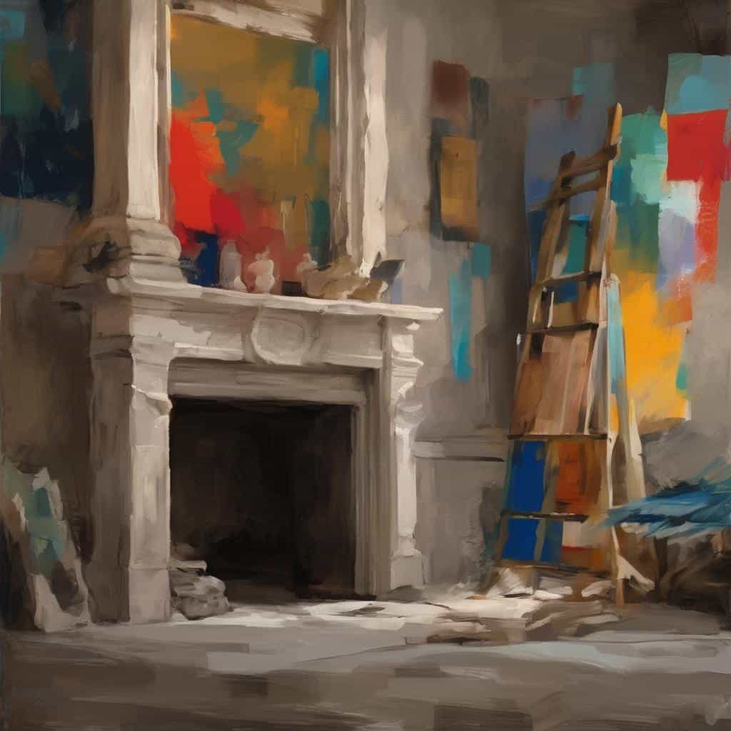 Ζωγραφική εσωτερικού χώρου με τζάκι και καβαλέτο, ενισχυμένες με έντονα χρώματα και αφηρημένα στοιχεία που δείχνουν την επίδραση του τοπίου στην εικαστική έκφραση.