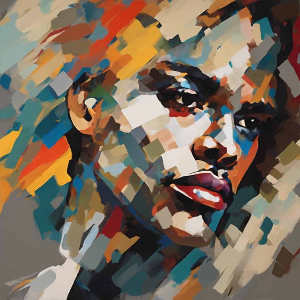 Ζωγραφική πορτρέτο σε αφηρηστικό στυλ με έντονα χρώματα που αναδεικνύουν την επιρροή του τοπίου στην εικαστική έκφραση, επηρεάζοντας την καλλιτεχνική δημιουργία και το περιβάλλον.