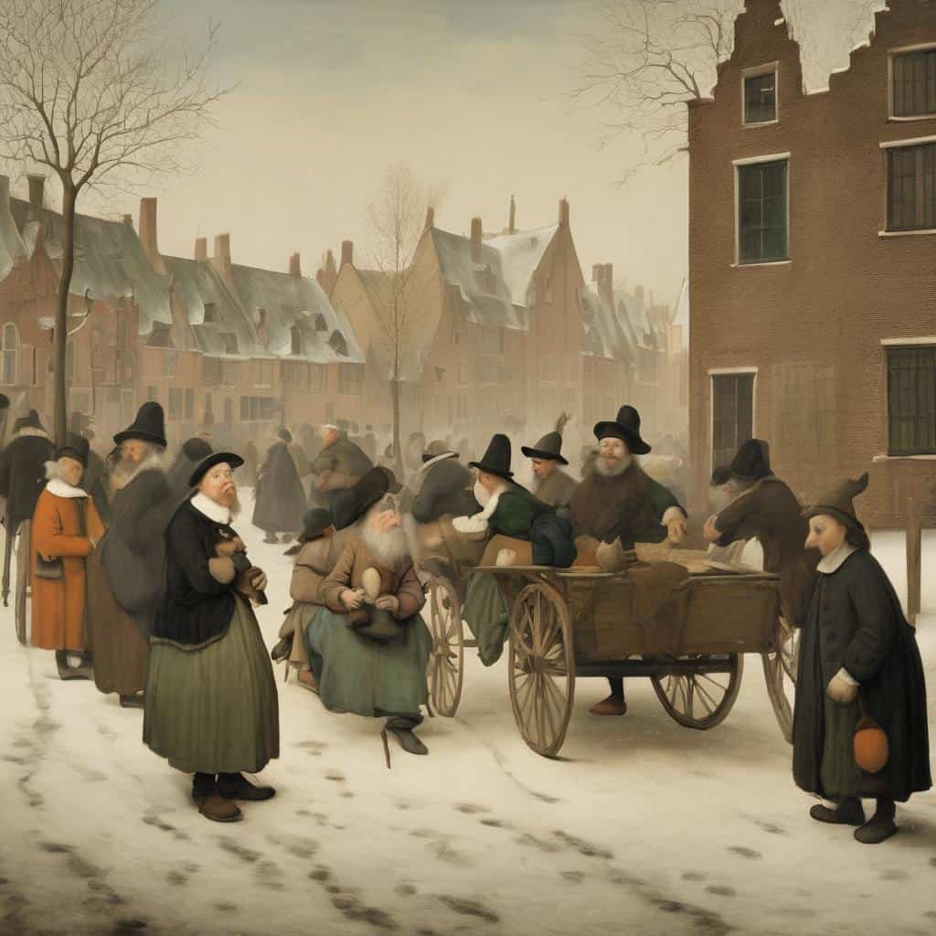 Χαρακτηριστικό τοπίο και εικαστική εκφραση σε σκηνή με ανθρώπους σε κάρρο σε χειμωνιάτικη πόλη, αναδεικνύοντας την επιρροή του τοπίου στην τέχνη και την κουλτούρα.