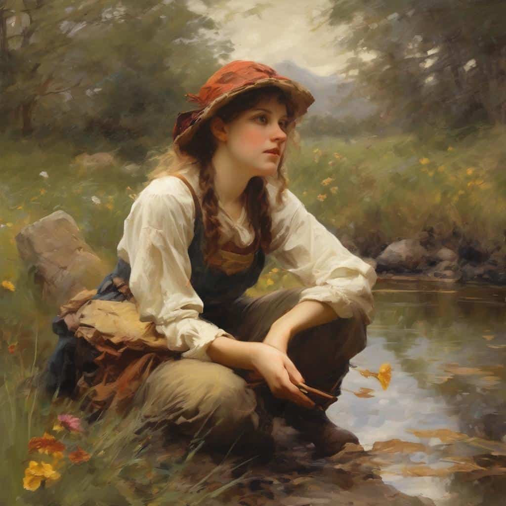 Παράθυρο στο ηρεμικό τοπίο, νεαρή γυναίκα κοντά σε ρυάκι, εικαστική έκφραση, φυσική ομορφιά, τοπία και φύση, καλλιτεχνική φωτογραφία, παραδοσιακά στοιχεία, ήρεμη ατμόσφαιρα, εΛΛΑΔΑ, αρμονία και φύση, ανοιξιάτικες εικόνες, τοπίο και ανθρώπινη έκφραση.