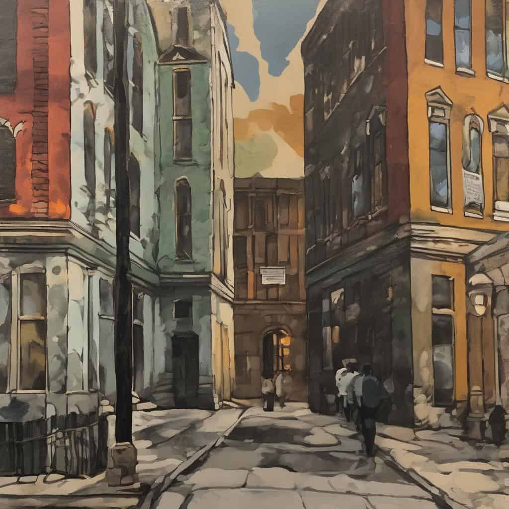 Πίνακας με αστικές οικοδομές και δρόμο, εκφραστικός πίνακας τοπίου που αναδεικνύει την επιρροή του τοπίου στην εικαστική έκφραση.